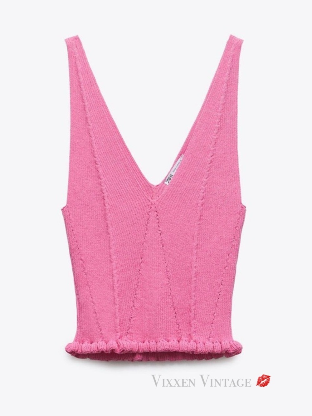 ZARA PLUNGE RIB KNIT RUFFLE TANK TOP IN BUBBLEGUM PINK
